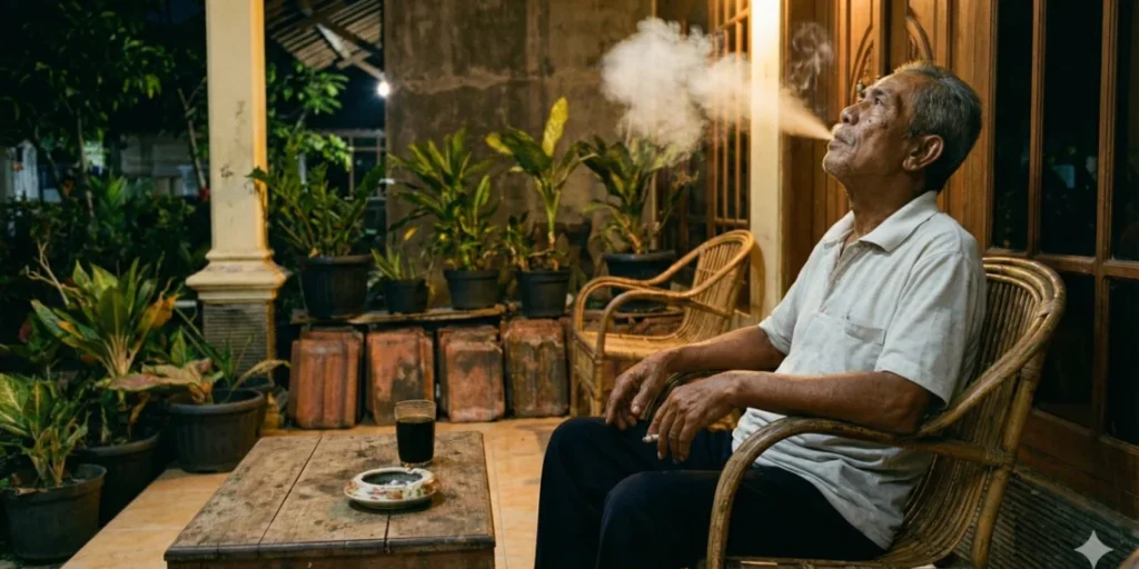 seorang bapak yang merokok di teras rumahnya