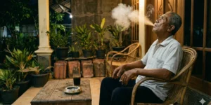 seorang bapak yang merokok di teras rumahnya